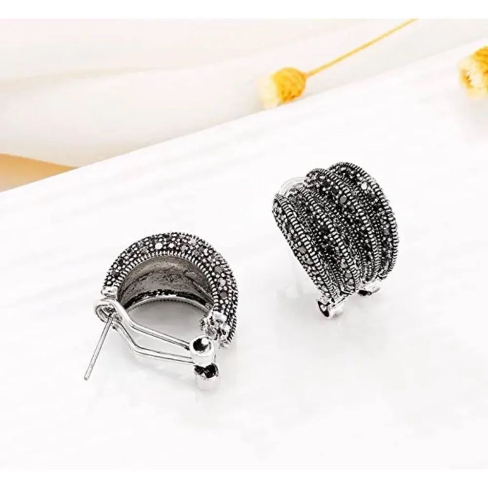 Sparkling Silver Wide Marcasite Gemstone Wave "J" Hoop Leverback Earrings - Picture 2 of 6